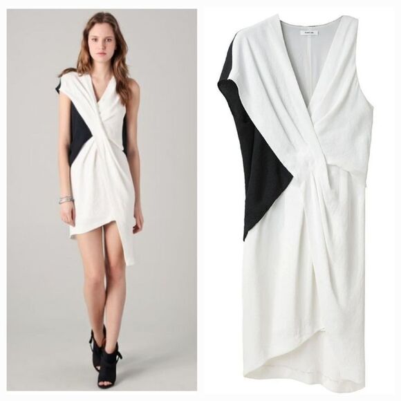 Helmut Lang Cross Tuck Crepe Silk Asymmetrical Hem Dress in Black/White Size 4 - Picture 1 of 12